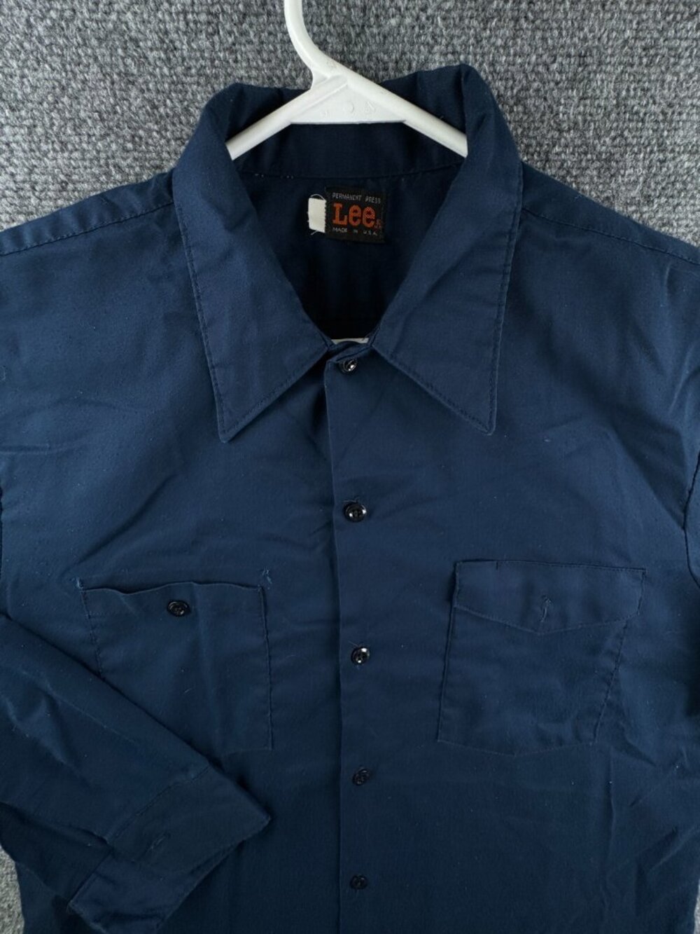 VTG Lee 70’s Button Up Work Shirt Automotive Navy Blue USA Long Sleeve